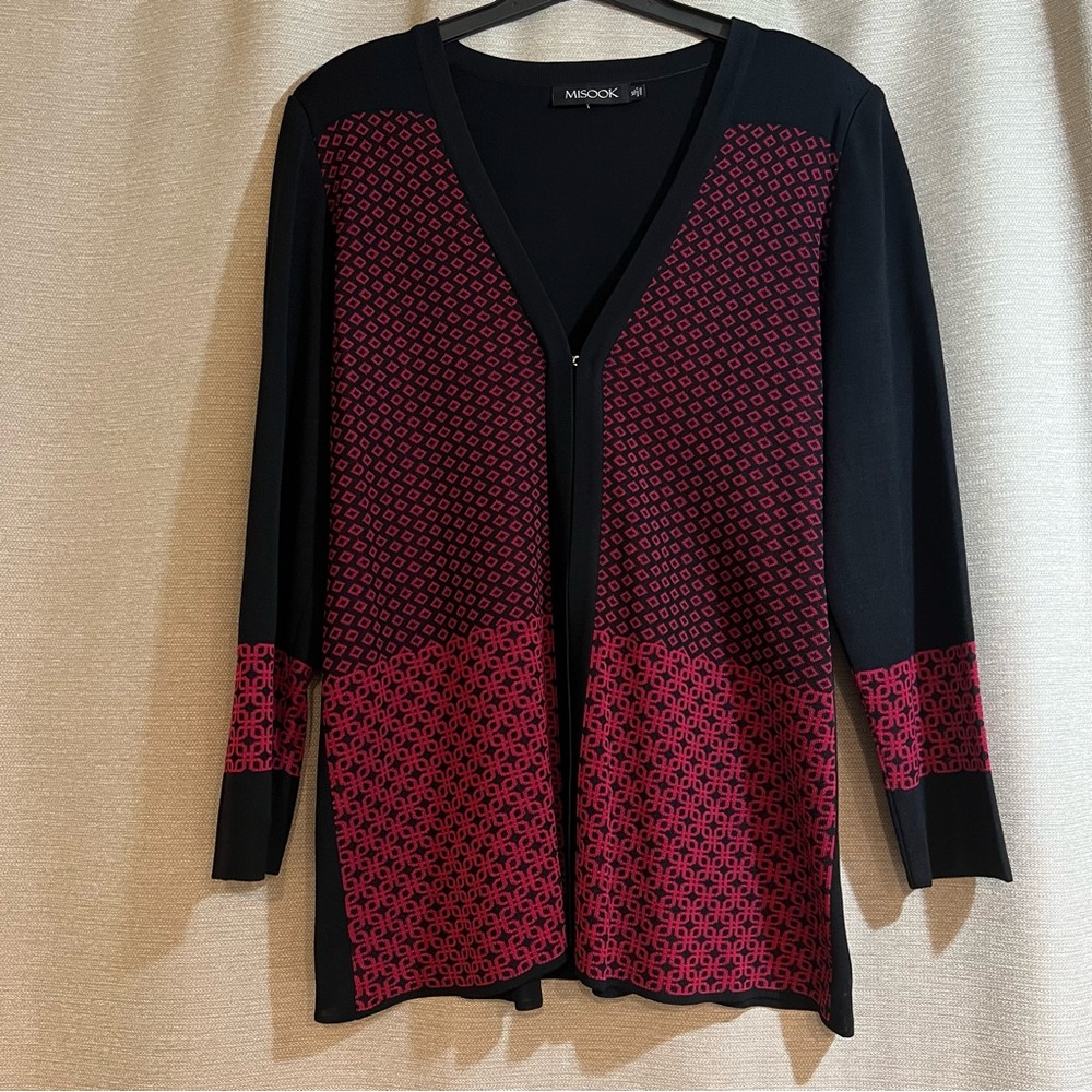 Misook Knit Cardigan Black & Pink Geometric Pattern Size XL